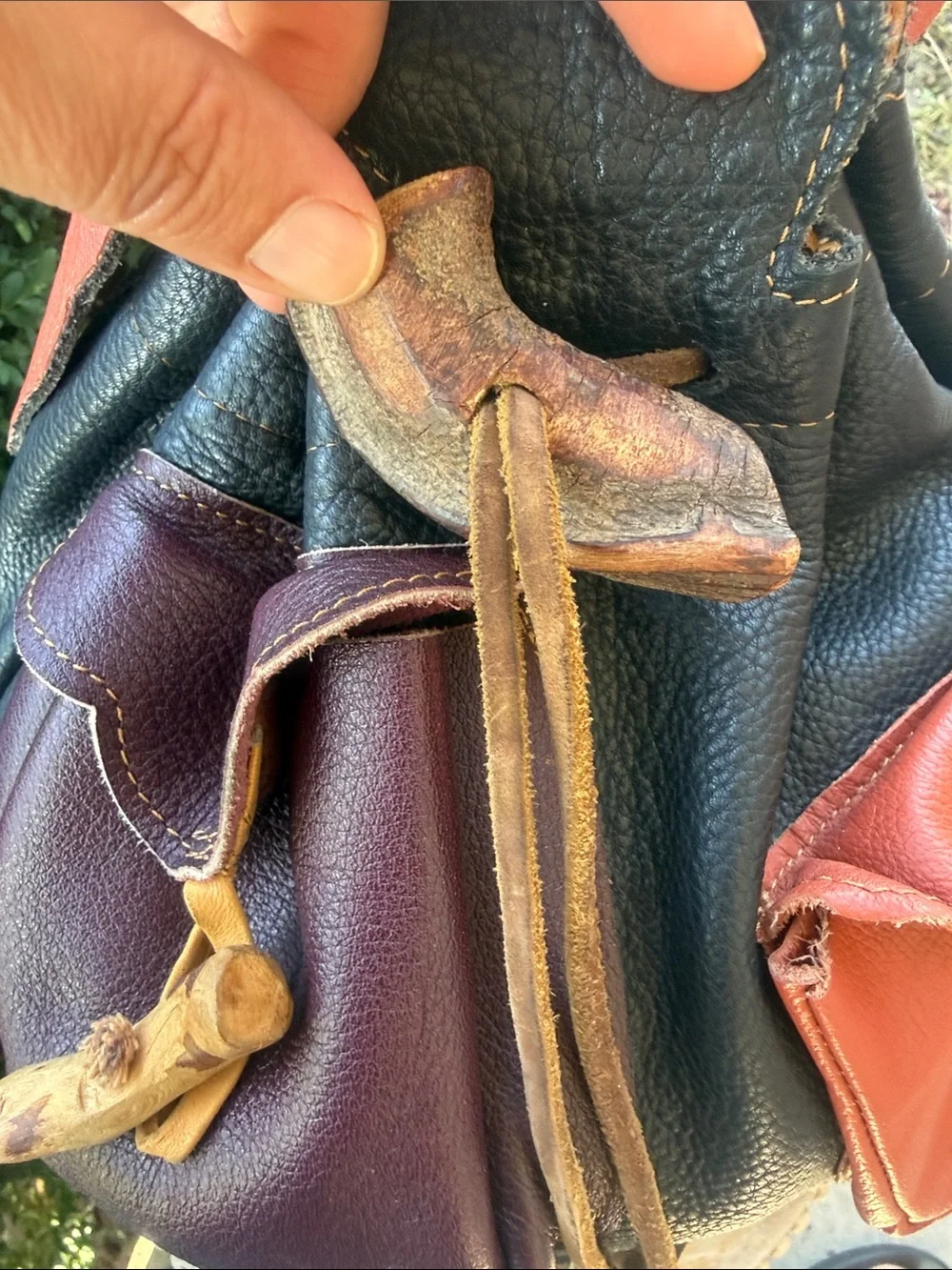 Unique ❤️‍🔥leather Handmade 🧡🖤Multi-Color Leather Drawstring Bucket Bag 💜🖤